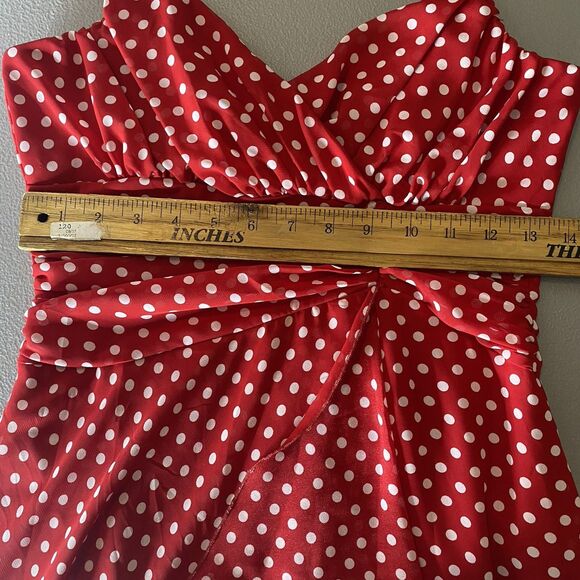 A Byer Halter Dress Red White Polka Dot Faux Wrap Lined Pinup Rockabilly Size 9 - Picture 6 of 13